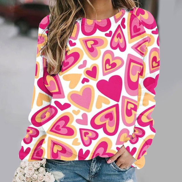 Qiopertar Mode Femmes Imprimé Col Rond Pull Tops Manches Longues Blouse Confortable Chandail en Molleton Offres de la Semaine Liquidation Moins de 5$ jusqu'à 90 % de Réduction