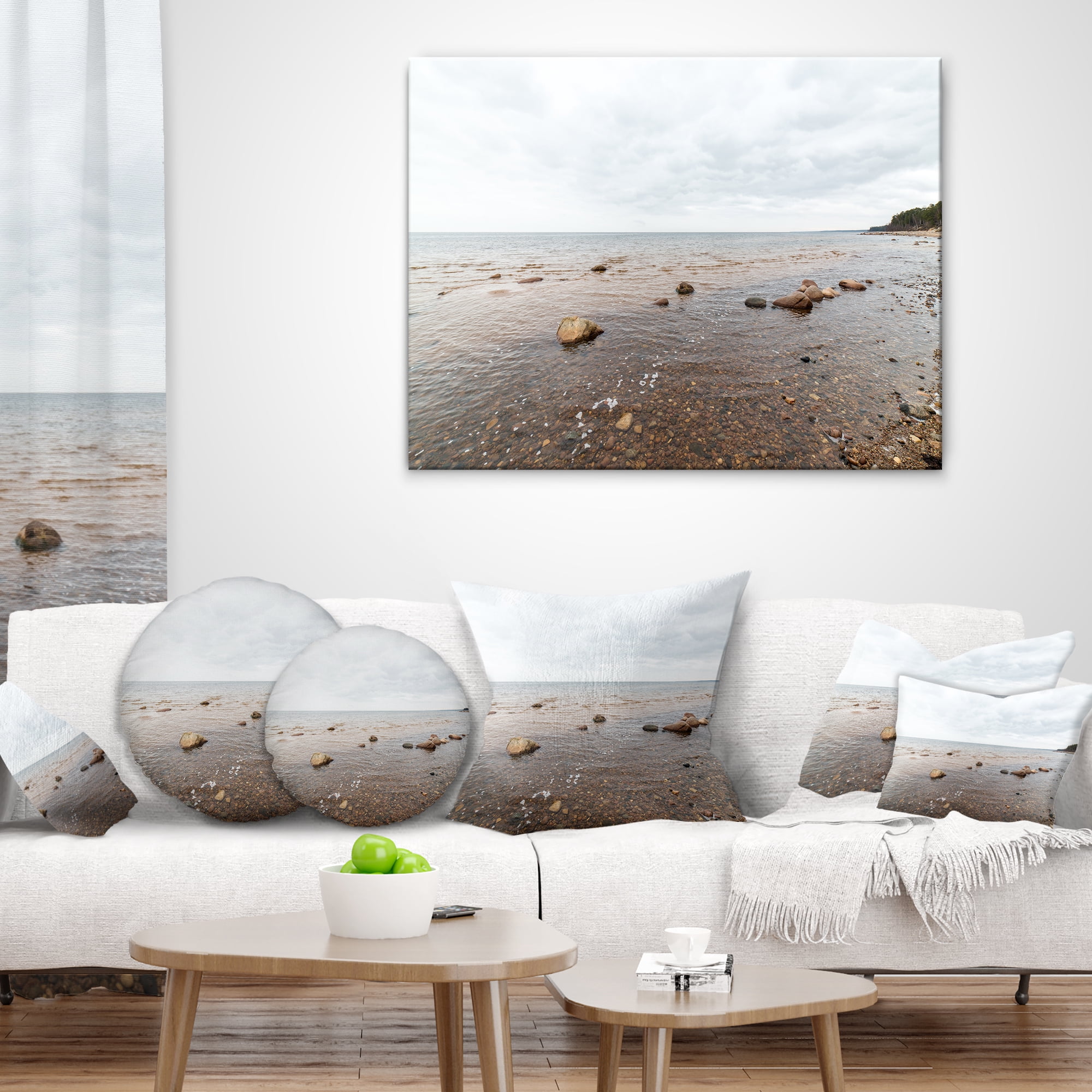 Designart Rocky Autumn Beach - Seashore Photography Throw Pillow - 18x18