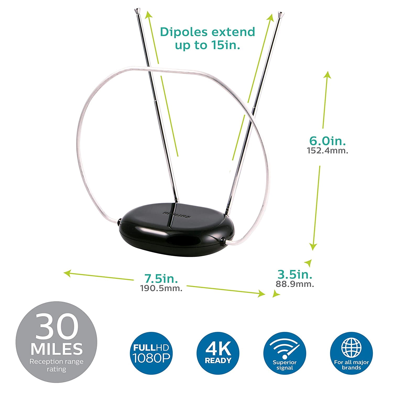 Philips Indoor TV Antenna with 5 ft Coxial Cable, 30 Miles Reception Range