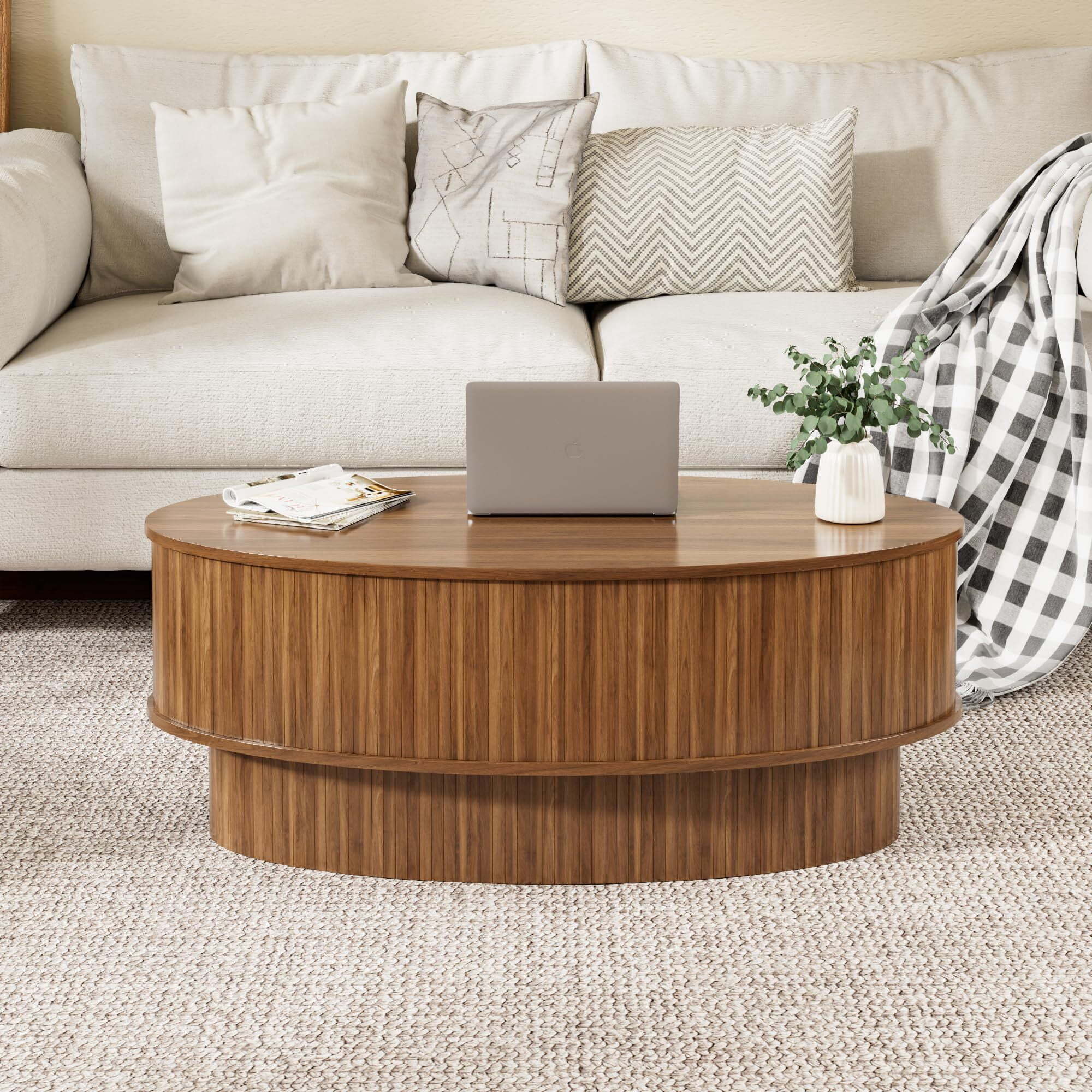 JEJEGORICH Oval Lift Top Coffee Table with Hidden Storage, 41 in Wooden Mid Century Modern Living Room Center Table, Walnut