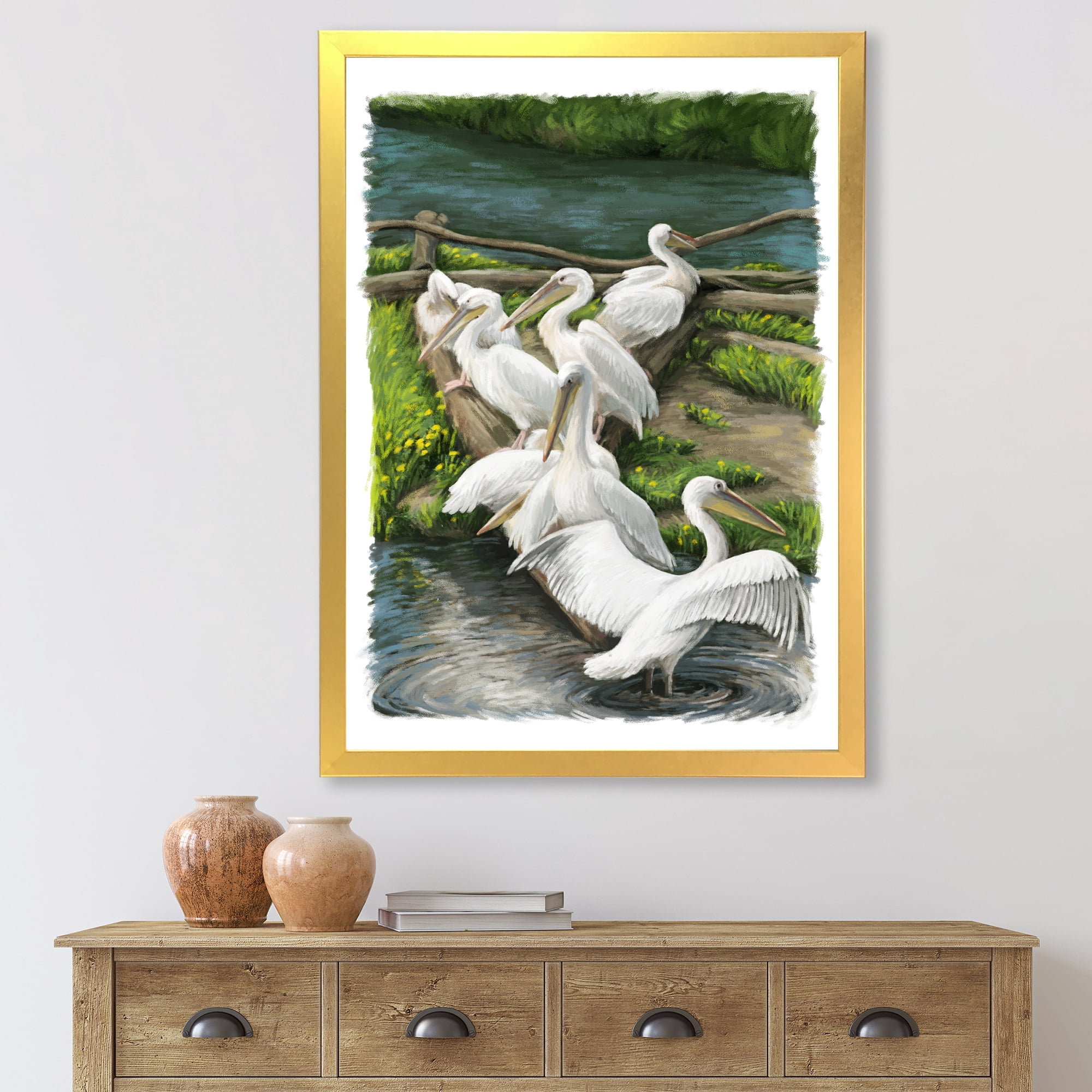 Designart 'Pelicans Resting Near The river Water' Traditional Framed Art Print