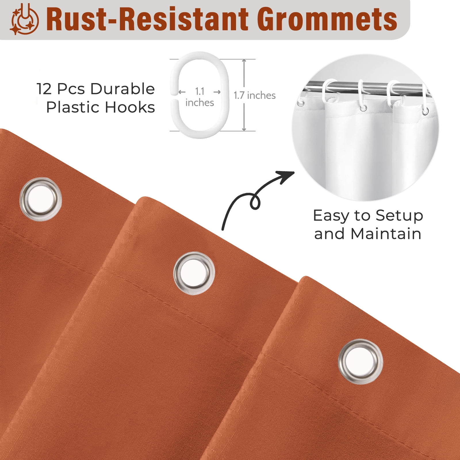 Lipa Farmhouse Ruffle Shower Curtain,Shabby Chic Shower Curtain with 12 Hooks,Dark Orange,72" x 72"