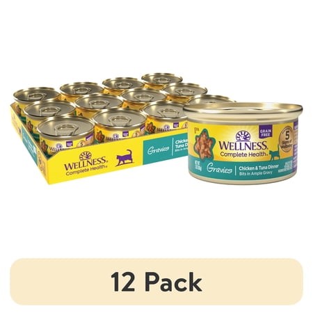 (12 pack) Wellness Complete Health Gravies Adult Canned Wet Cat Food, Natural, Protein Rich, Grain Free, Chicken and Tuna Dinner Recipe, 3 oz, Pack of 12 Cans
