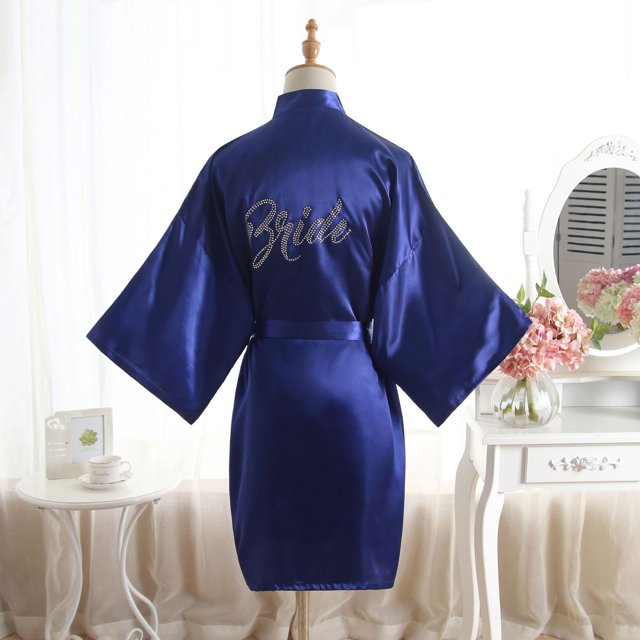 Vestido de novia de color sólido con diamantes de imitación, vestido de maquillaje, camisón de boda, cárdigan de seda sintética para mujer