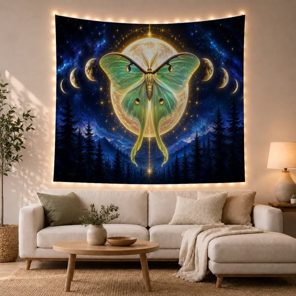 Green Luna Moth Against a Full Moon in a Starry Sky, Mystical Celestial for Space Lovers, Cosmic Forest Art Decor, Housewarming Gift, Tapestry Wall Hanging for Bedroom and Living Room