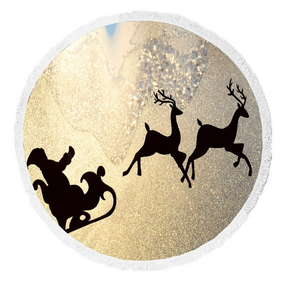 YUSDECOR Christmas Reindeer Black Santa Claus Silhouette on a Golden Frozen Window Round Beach Towel Beach Mats Beach Shawl Beach Blanket with Tassels Beach Throw Towel Yoga Mat