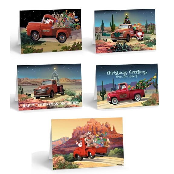 Variety of Red Farm Truck Christmas Cards - 15 Cards and Envelopes - Christmas T
