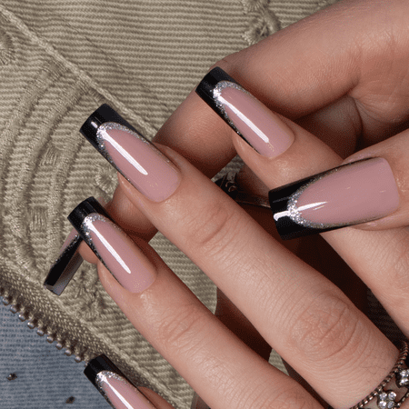 CurvLife Noir Shine Press-On Nails - 30PCS, Square, Easy Apply, Non-Toxic & Reusable