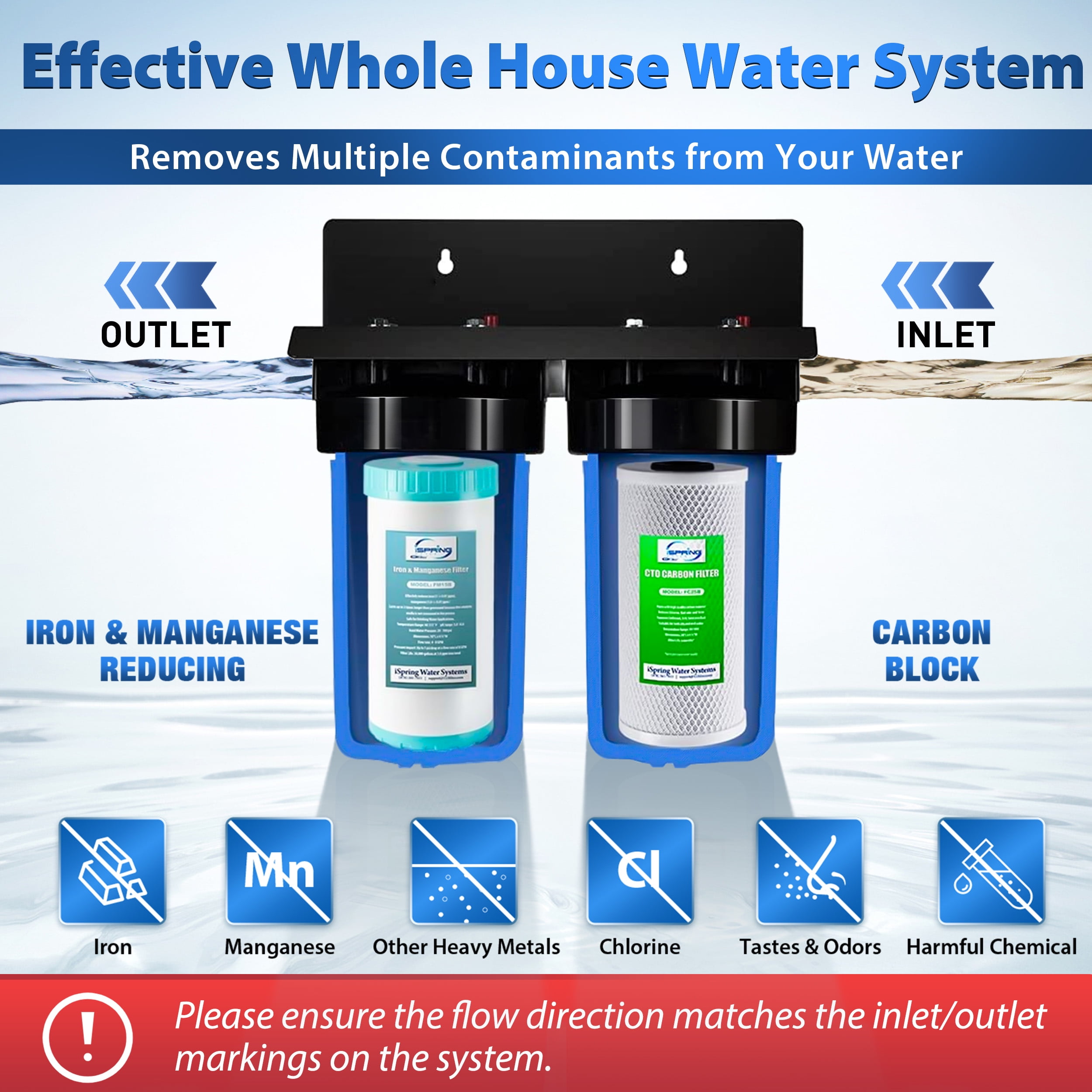 iSpring Whole House Water Filter System,Reduce Iron ,Manganese, Chlorine, Sediment, Taste & Odor, 5-Layer Iron Filter Whole House Water Filter, SGS-Tested, 10” x 4.5” Filters,1”Inlet/Outlet, Model: W