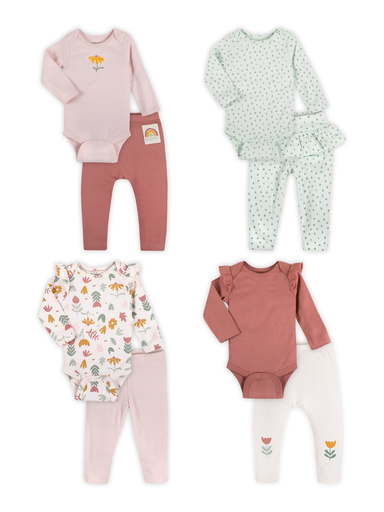 Little Star Organic Baby Girl 8 Pc Long Sleeve Bodysuit and Pants Mix & Match Gift Set, Size Newborn - 24 Months