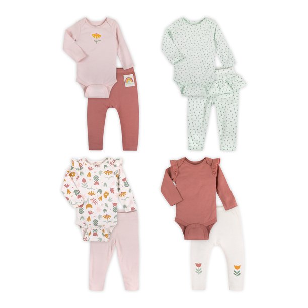 Little Star Organic Baby Girl 8 Pc Long Sleeve Bodysuit and Pants Mix