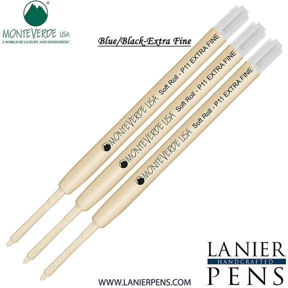 Lanier Combo Pack - 3 Pack - Monteverde Soft Roll Extra Fine Ballpoint P11 Paste Ink Refill Compatible with most Parker Style Ballpoint Pens - BlueBlack (Extra Fine Tip 0.5mm)