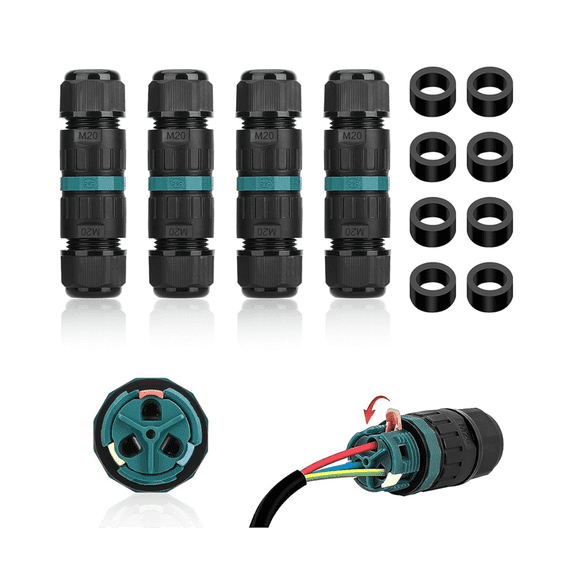 4PCS 2 Way 3 Pole Junction Box IP68 Outdoor Waterproof Electrical Cable Connector Ø5-12 mm