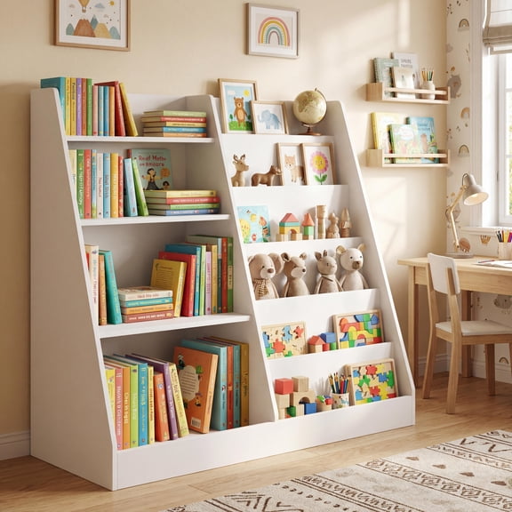 FurnitureR Kids Bookshelf and Toy Storage Organizer, 4-Tier Wooden Children's Bookcase Display Stand for Playroom, Nursery and Bedroom, White