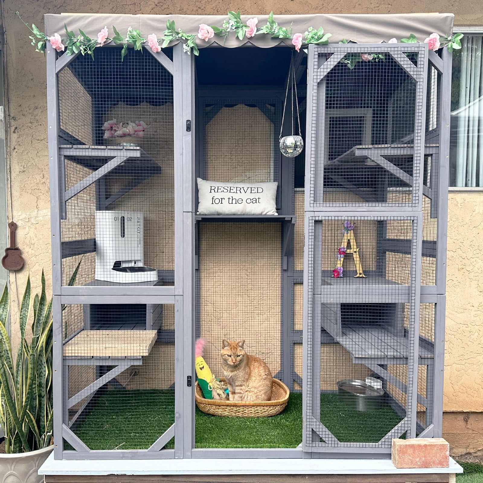 Aivituvin 70" Walk-In Outdoor Catio, Large Wooden Cat House with 7 Climbing Platforms and 2 Resting Boxes, White/Gray