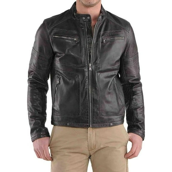 Men Slim Fit Biker Motorcycle Lambskin Leather Jacket Coat Outwear Jackets A172
