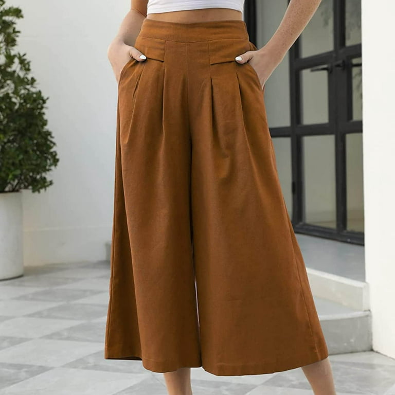CZHJS Women's Solid Color Crop Pants Clearance Baggy Slacks Capris Light  Weight Fit Elastic Waist Wide Leg Beach Trousers with Pockets Comfy Fashion  2023 Summer Trousers Brown XL 