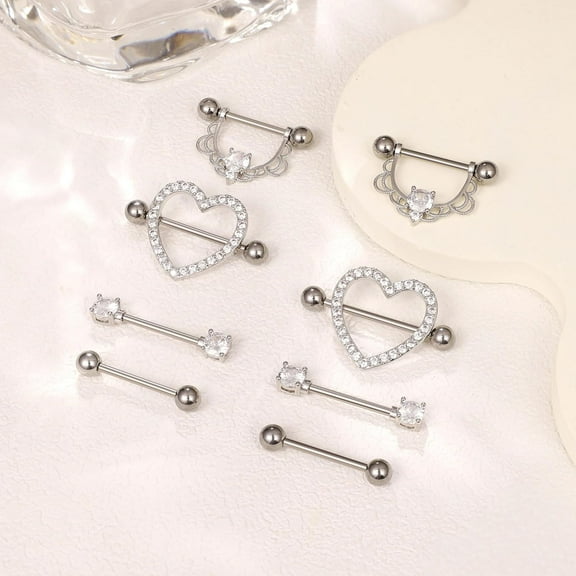 GHRTGR-4Pairs 14G G23 Titanium Nipple Rings for Women Heart Flower CZ Barbell Nipplerings Hypoallergenic Cute Nipple Piercing Jewelry