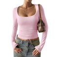 thumbnail image 2 of Women Long Sleeve T Shirts Scoop Neck Slim Fit Going Out Tops Basic Tee Pink L, 2 of 8