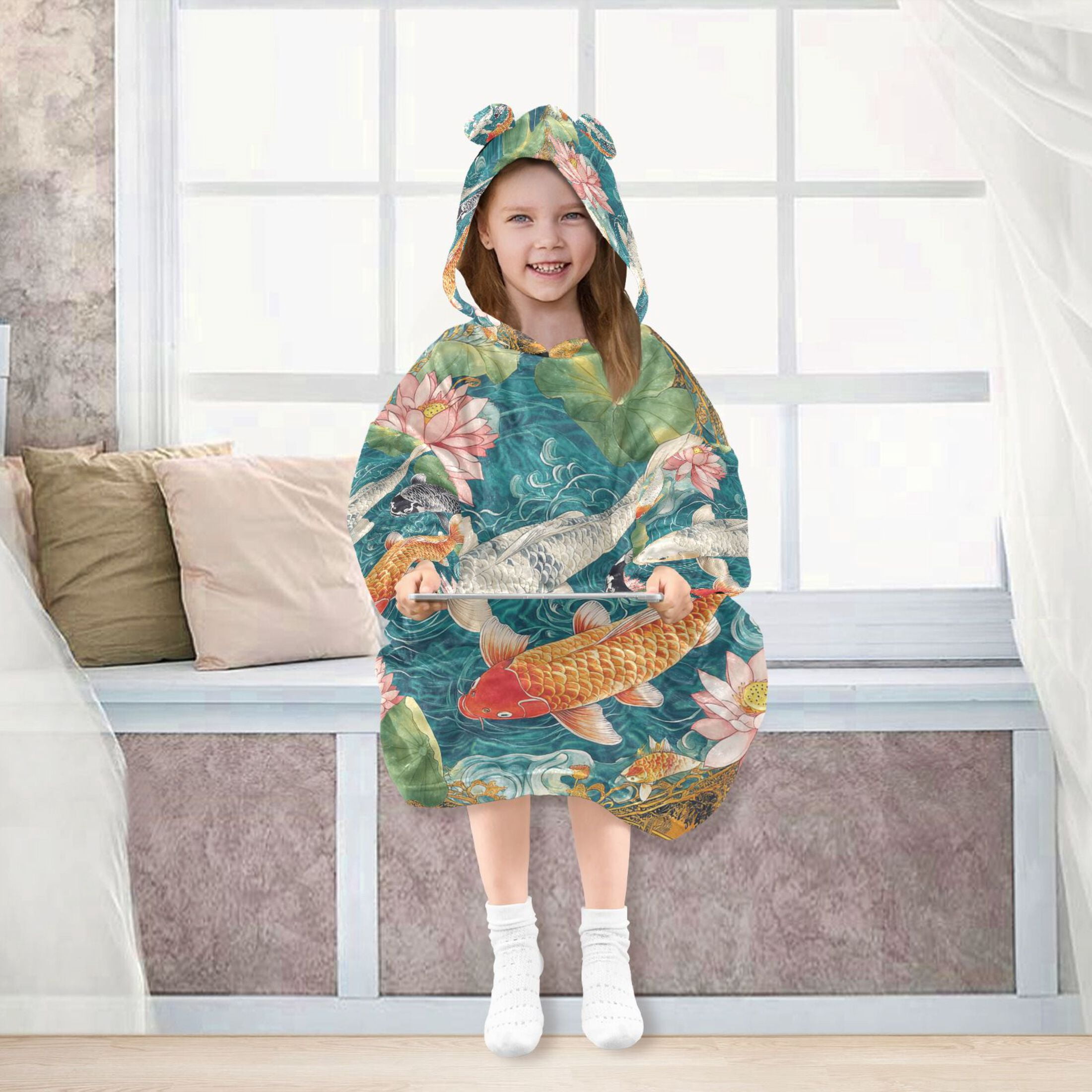 YAZAOO Kids Wearable Blanket Hoodie Warm and Cozy Koi Harmony Flannel Sweatshirt