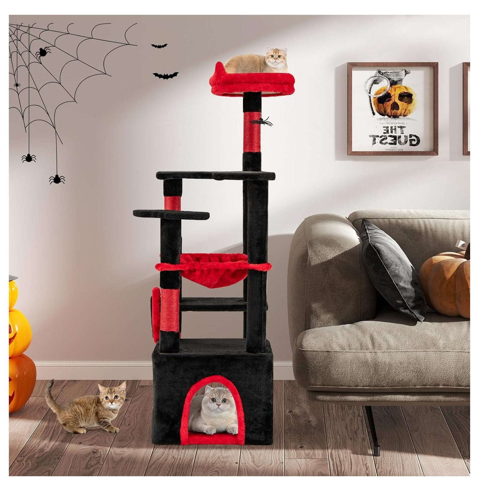 52 Inch Gothic Cat Tree Tower, Multi-Level Cat Tree with Scratching Posts, Hammock & Condo, Black Cat Furniture for Indoor Cats, Spider Toy Included