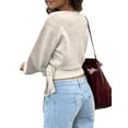 thumbnail image 3 of Women'S V Neck Wrap Sweater Long Lantern Sleeve Cinched Waist Crop Tops Fall Knitwear Wheat Color M, 3 of 9