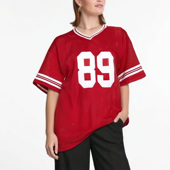 T Shirts For Women Fashion Tees Tops Number Letter Print Color Block Short Sleeve V Neck Tunic Fashion Clothing