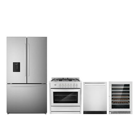 4 Piece Kitchen Package with 36  Freestanding Dual Fuel Range 24  Built-in Fully Integrated Dishwasher French Door Refrigerator & 48 Bottle Freestanding Wine Refrigerator