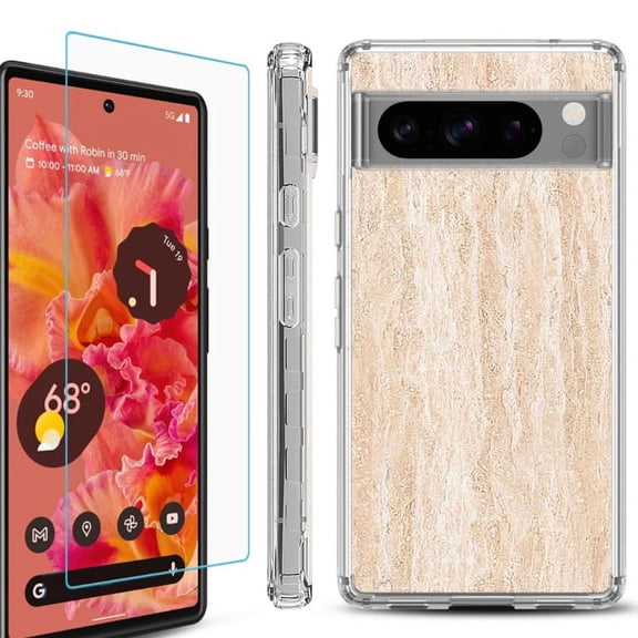 OneToughShield ® Compatible with Google Pixel 8 Pro, Shockproof Phone Case, with Tempered Glass Screen Protector - Marble/Coffee Tone