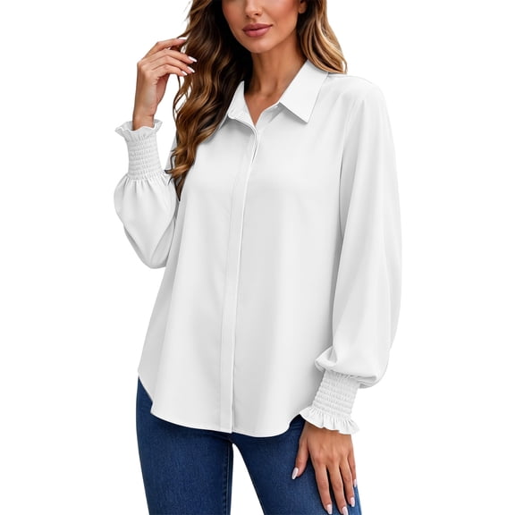 LEKWK Business Casual Tops for Women Long Sleeve Button Down Shirts Elegant Collared Blouses Fall Professional Office Work Dress Tops