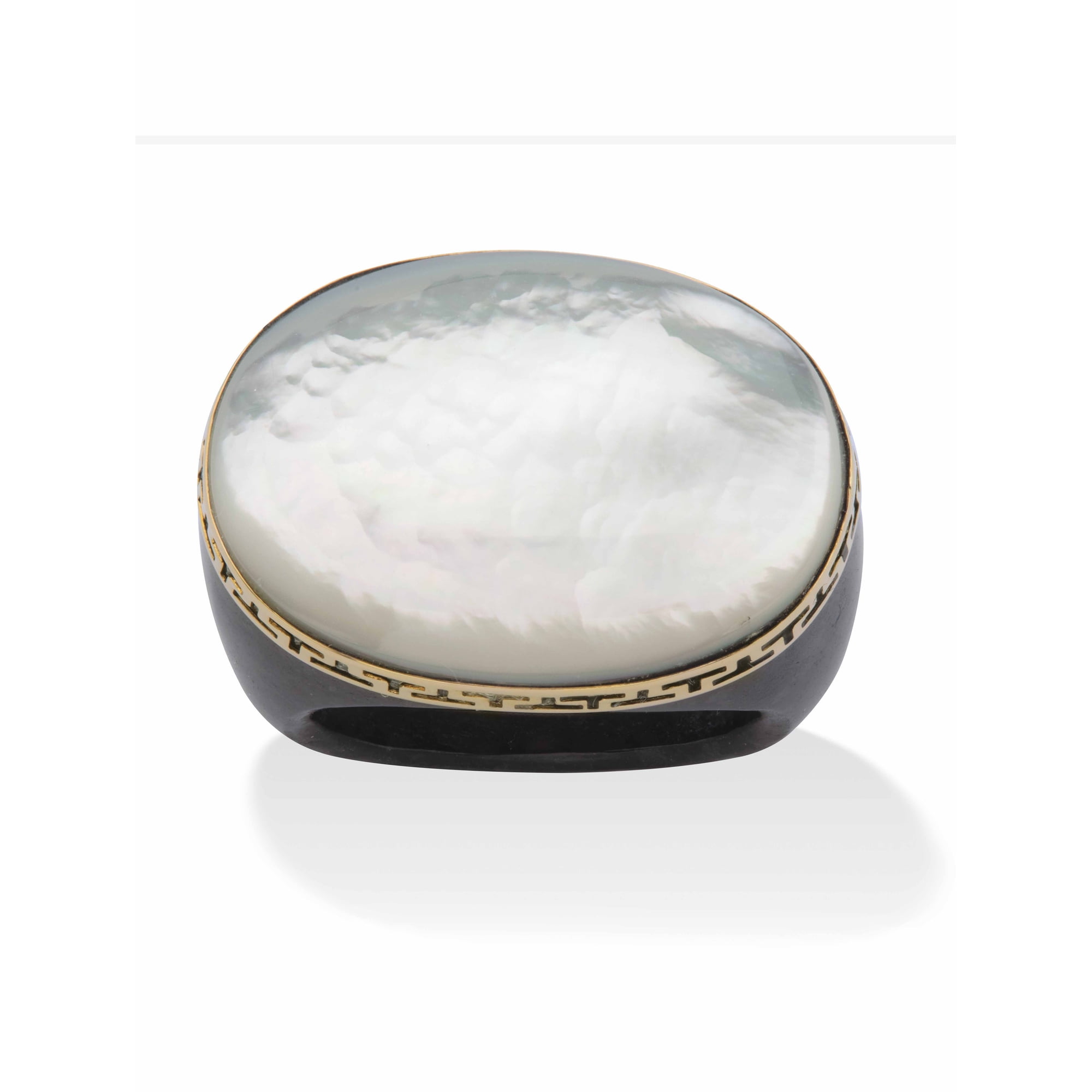 PalmBeach Jewelry Oval-Shaped Mother-Of-Pearl Black Jade Greek Key Ring in 14k Gold