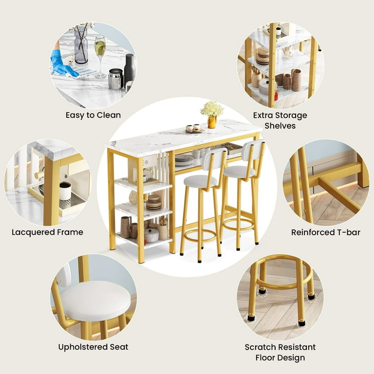 AWQM Bar Table Set Modern Kitchen Table Set Bar Counter Height Table Set with 2 PU Upholstered Stools Dining Table Set with 4 Storage Shelves Pub