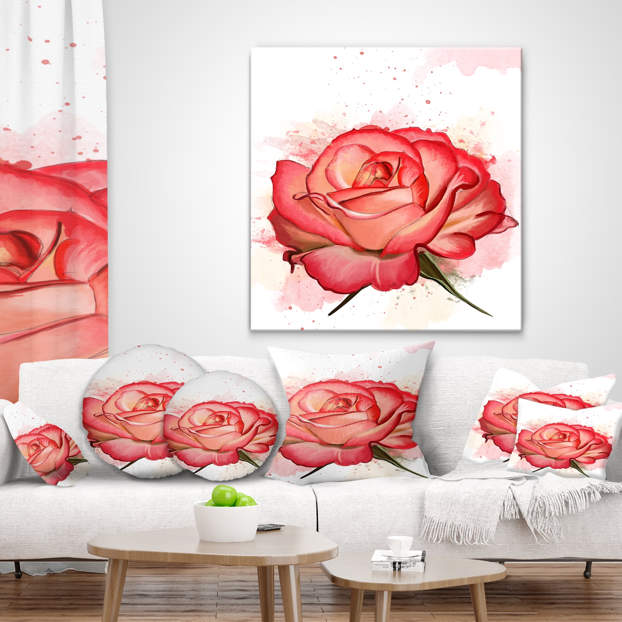 Designart Red Rose Illustration with Splashes - Floral Throw Pillow - 16x16