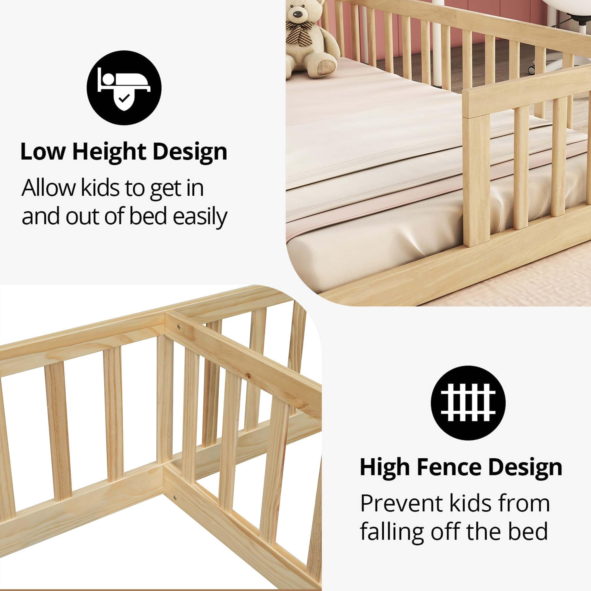 Double Twin Floor Bed, Montessori Bed Frame with Fence, Wooden Double Floor Bed with Guardrails for 2, Box Spring Needed, Natural