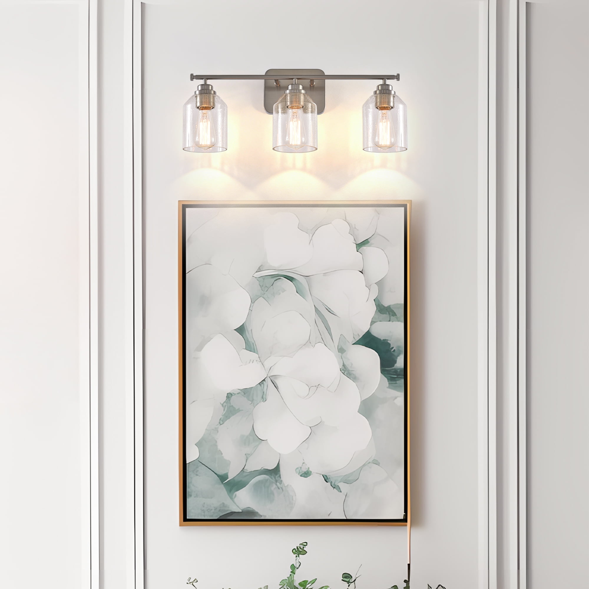 22" Modern Brushed Nickle 3-Light Seeded Glass Vanity Light Wall Sconce for Bathroom and Hallway