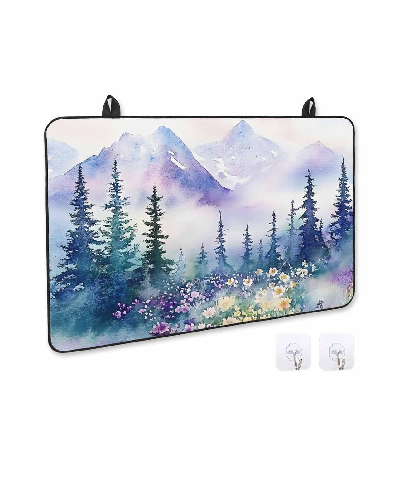 nqOlkjepod Large Induction Cooktop Protector Mat 24"x21", Green Purple Mountains Stove Top Covers for Electric Stove, Watercolor Forest Wildflower Stove Burner Cover Mats, Glass Top Stove Cover
