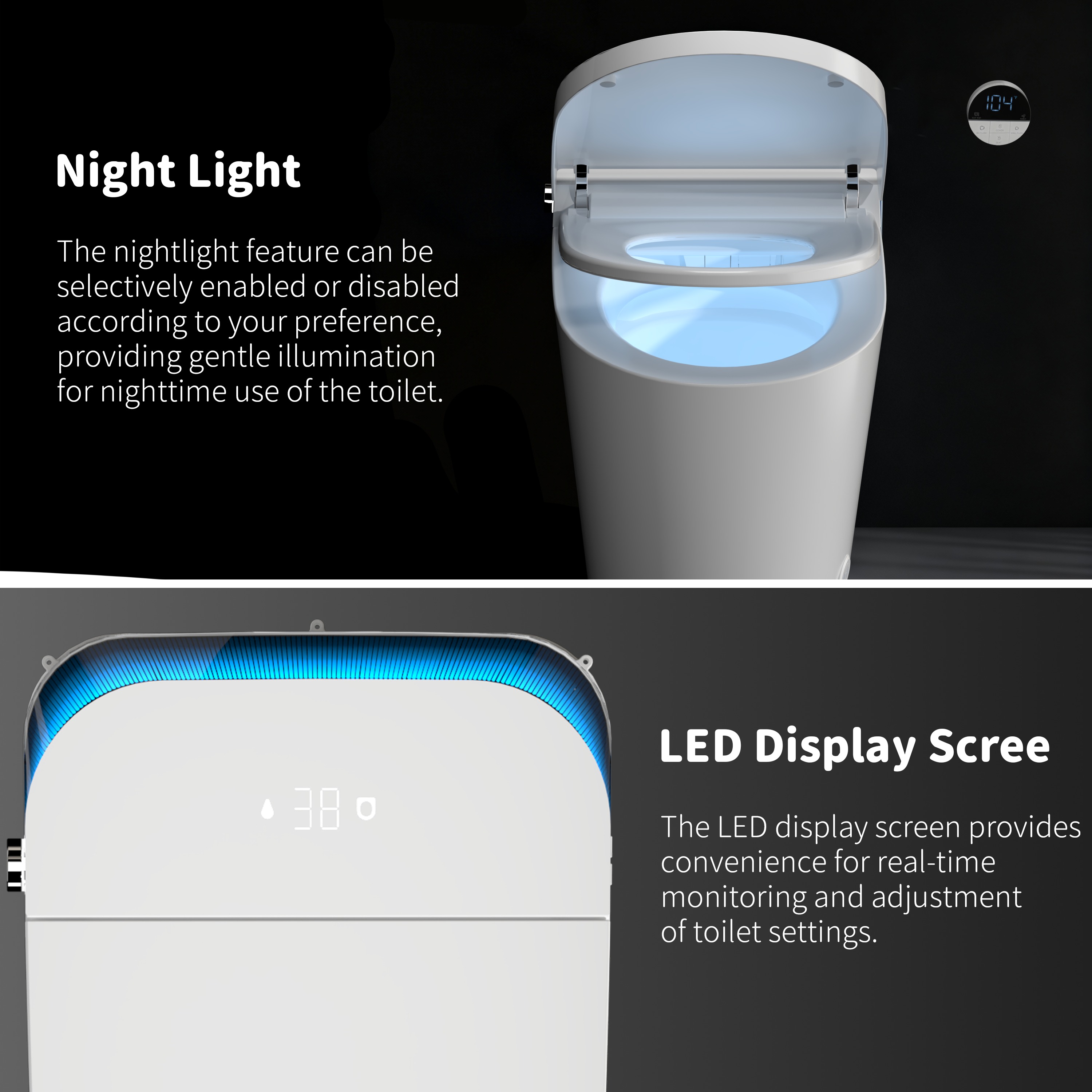 Smart Toilet with Radar Auto Lid, Foot Sensor Control, Heated Seat & Foam Shield - LED Display, Dual Flush & Energy-Saving Mode