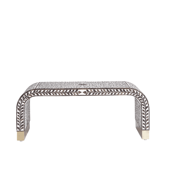 Oval Bone Inlay Coffee Table – White & Black Floral Foliage Pattern, Handcrafted Design