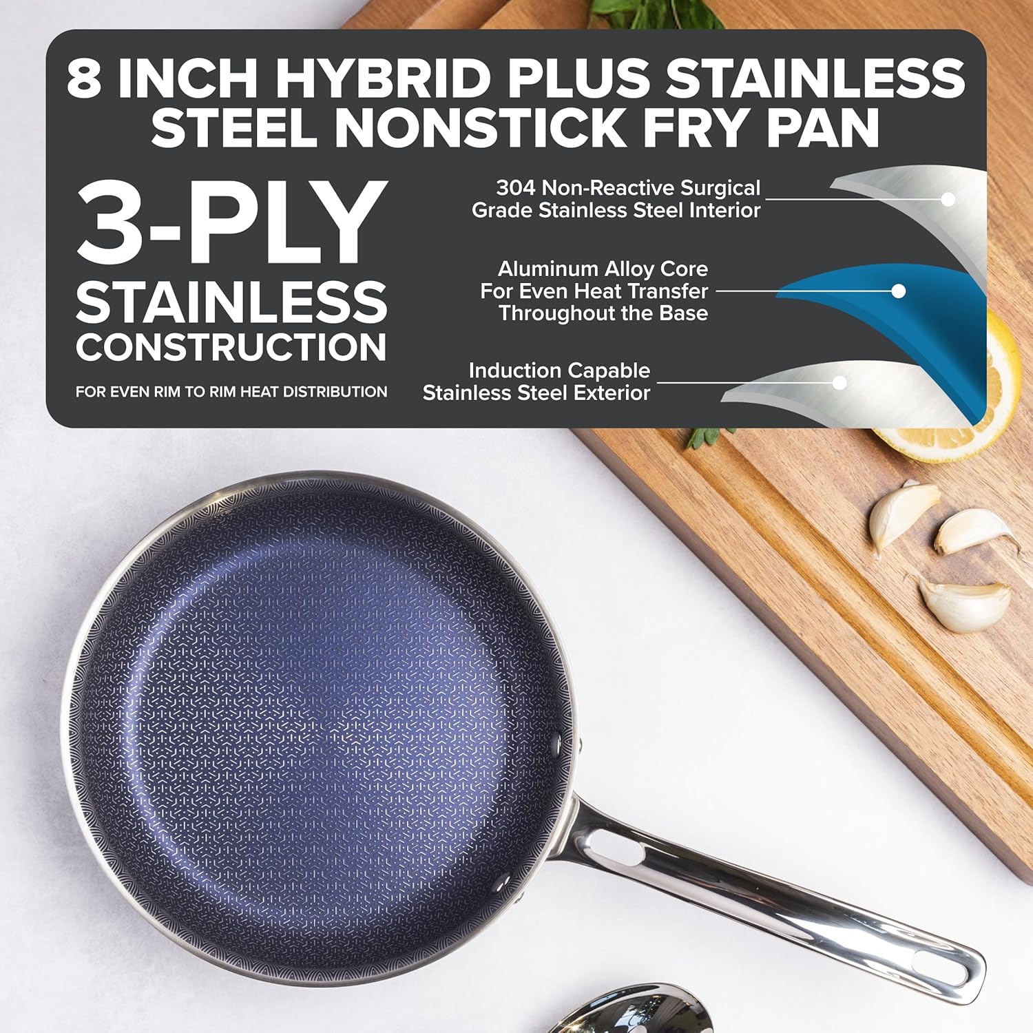 3-Ply Non Stick Frying Pan, 8 Inch Hybrid Plus Stainless Steel Kitchen Cookware, Silver