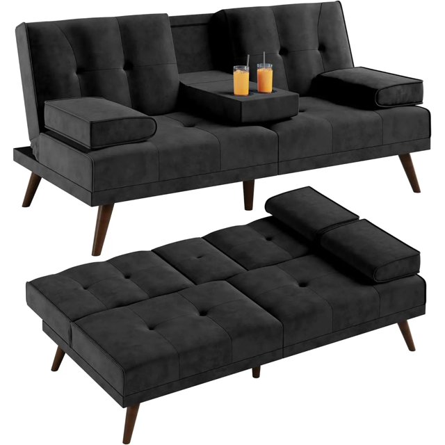 60" Small Loveseat, 3 in 1 Cute Convertible Sofa Bed, Modern Futon Recliner Sleeper w/2 Cup Holder, Upholstered Folding Couch My Lux Decor Round