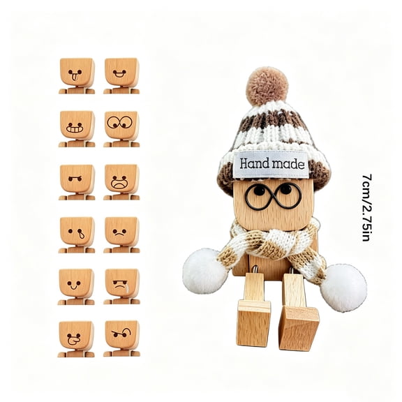 Wooden Shaking-Leg Figure, Transformable Car and Desk Ornament, 12 Magnetic Faces with Outfits
