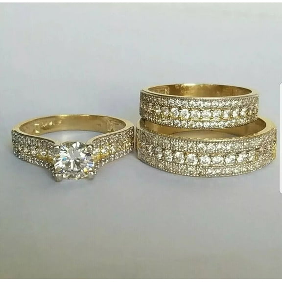 2CT 14K Yellow Gold Plated Wedding His & Her Trio Ring Set Lab Created Diamond Solid 925 Sterling Silver