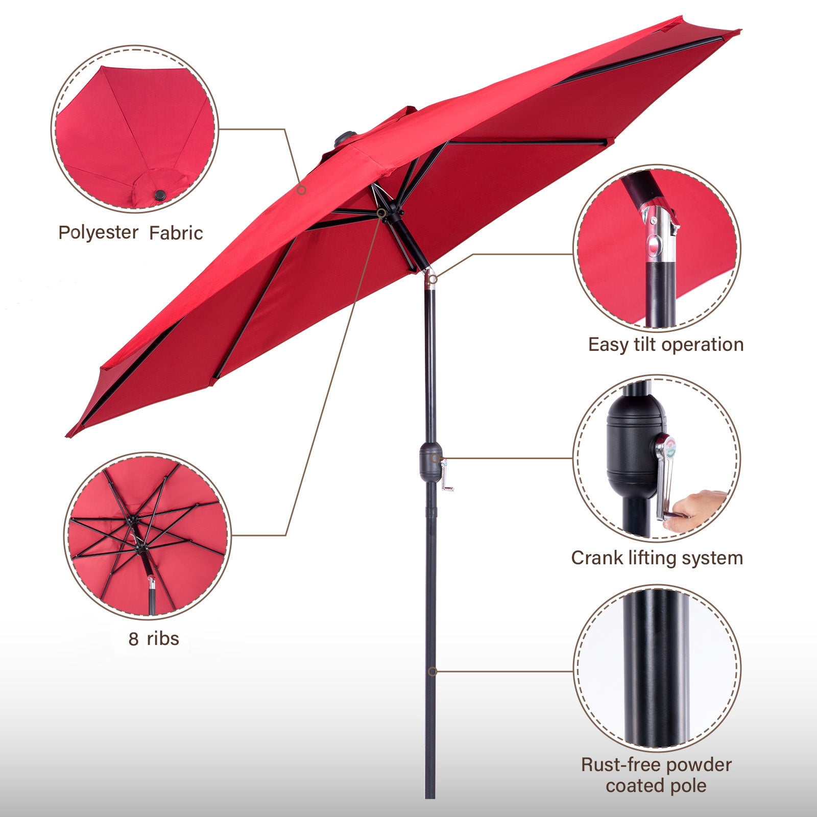 Backyard Expressions 9 ft Market Patio Umbrella UV Resistant Canopy with 8 Rib Support Frame and Push Button Tilt and Crank Lift Red
