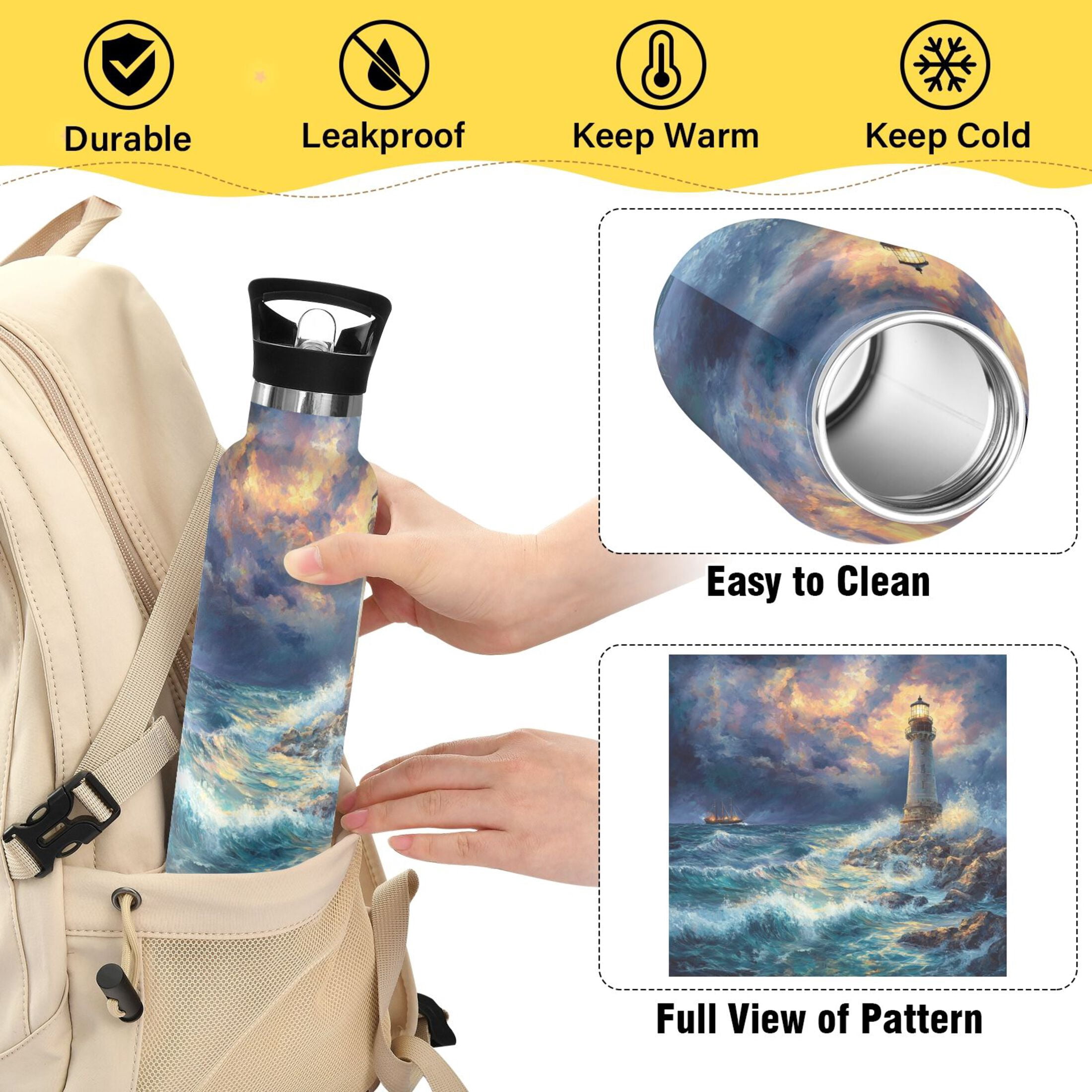 600ML Stainless Steel Insulated Cup Sports Water Bottle Portable Thermos Cup Water Glasses Insulated Tumblers Convenient and Durable Lighthouse at Sea