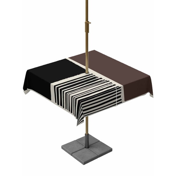 Outdoor Tablecloth with Umbrella Hole and Zipper, Brown Black Square Table Cloth 60x60 Inch Waterproof Tablecloth, Modern Abstract Art Farmhouse Striped Picnic Table Cover for Patio Camping