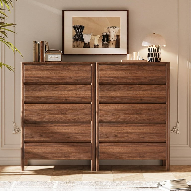 FURNIWAY Walnut 5 Drawer Dresser for Bedroom, Modern Tall Dresser