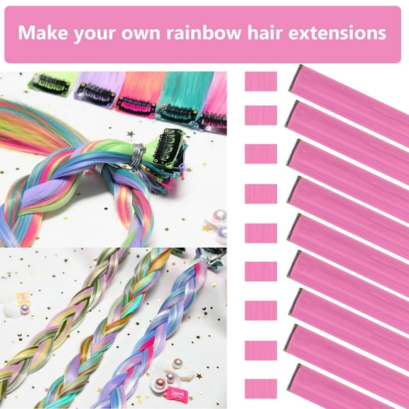 FGERFE-Colored Hair Extensions 14 PCS, 22 In Dream Rainbow Clip in Hair Extensions Party Highlights, Colorful Long Straight Synthetic Hairpieces for Girls Women Kids Gift(Pink)