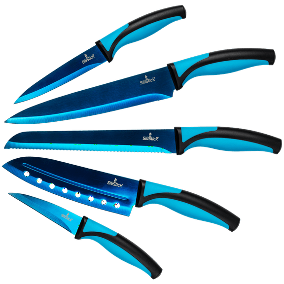SiliSlick Kitchen Knife Set Professional, Titanium Coated Stainless Steel Blades, Dishwasher Safe, Safety Sheaths, 5 Knives