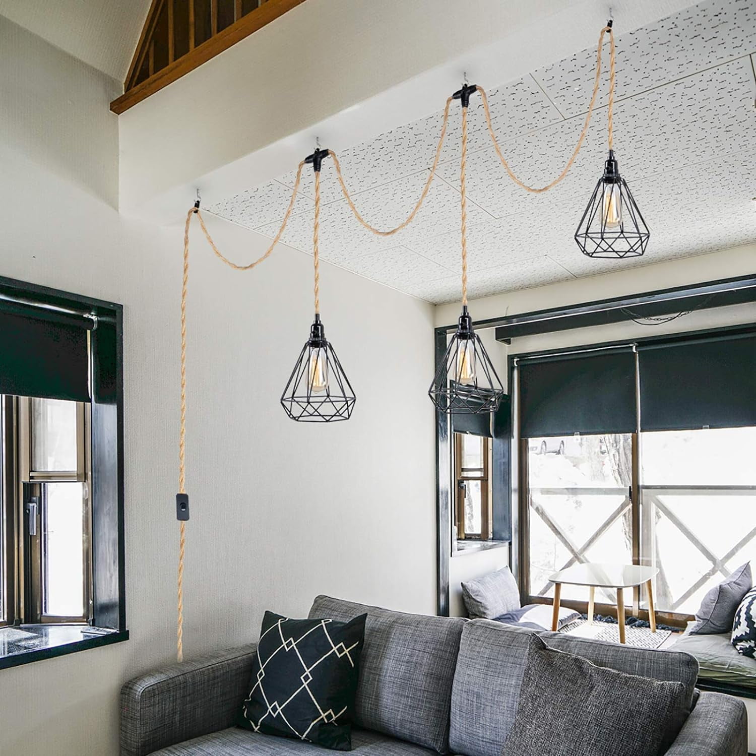 EE Eleven Vintage Industrial Ceiling Pendant Light Kit - 16.6ft Hemp Rope Cord, Plug-in, Weatherproof