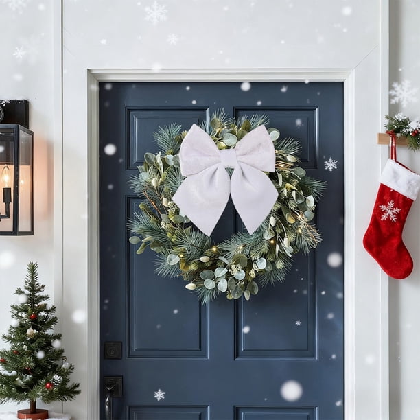 Lazo navideño grande de terciopelo para coronas y árboles - Pack de 4 lazos flocados en rojo, verde, rosa y blanco para decoración navideña interior al aire libre